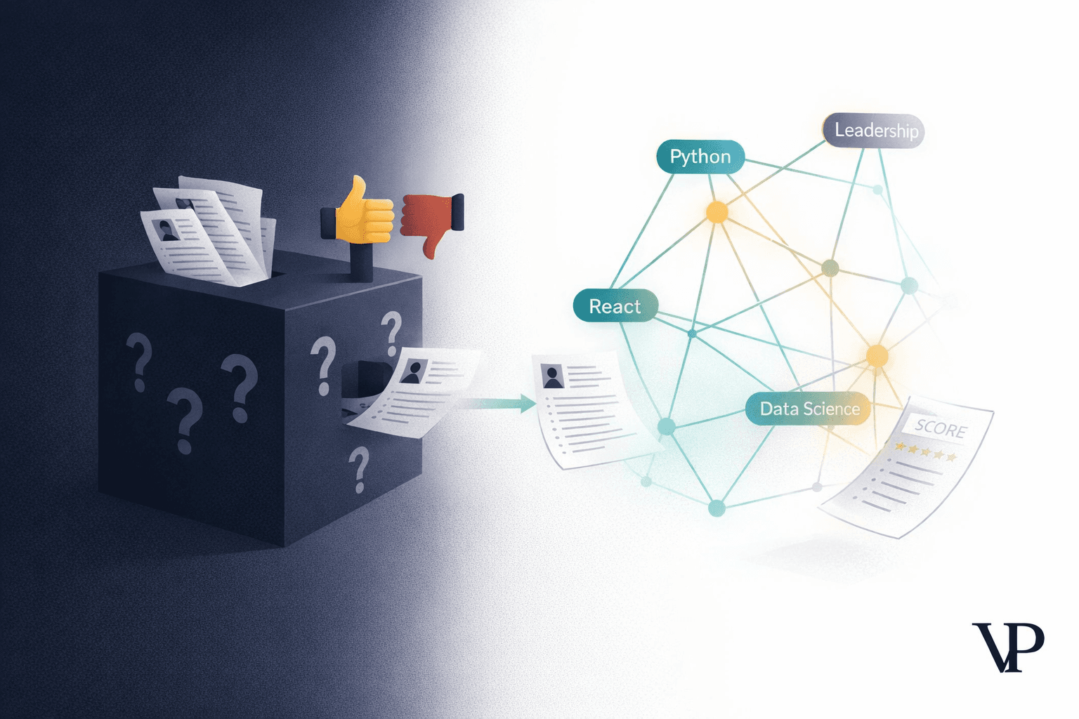 A clean, editorial illustration showing a knowledge graph structure overlaid on the concept of recruitment — connecting skills to roles with visible, traceable paths, contrasting transparency against opacity.