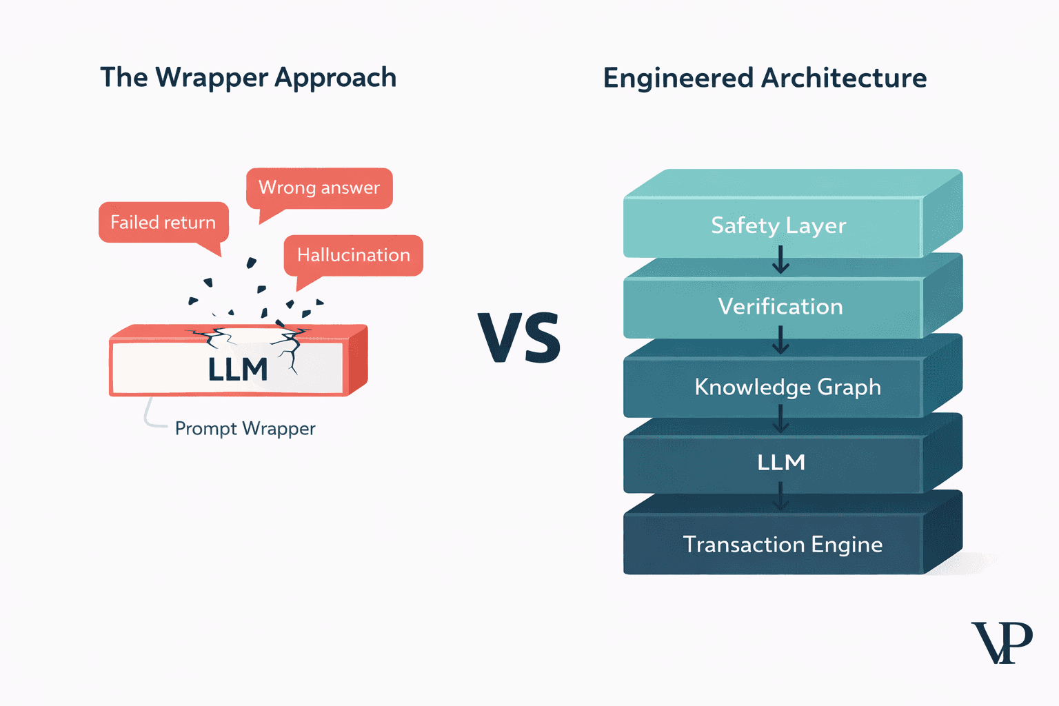 A visual metaphor contrasting a fragile single-layer AI wrapper (cracking/unstable) against a robust multi-layered engineered architecture, specific to e-commerce AI assistants.