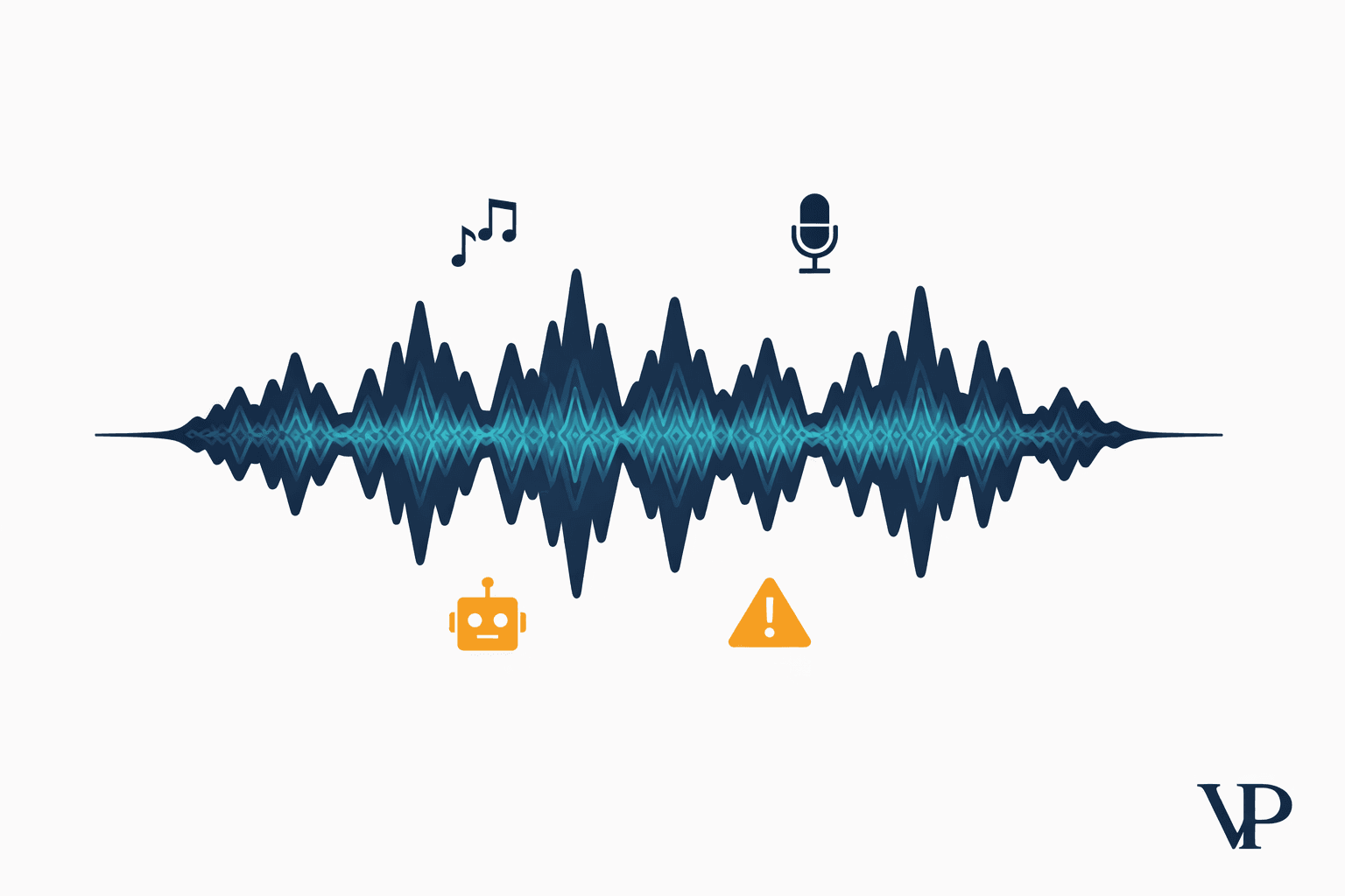 A striking editorial image conveying the concept of hidden identity signals embedded within audio waveforms, specific to the music/AI fraud domain.