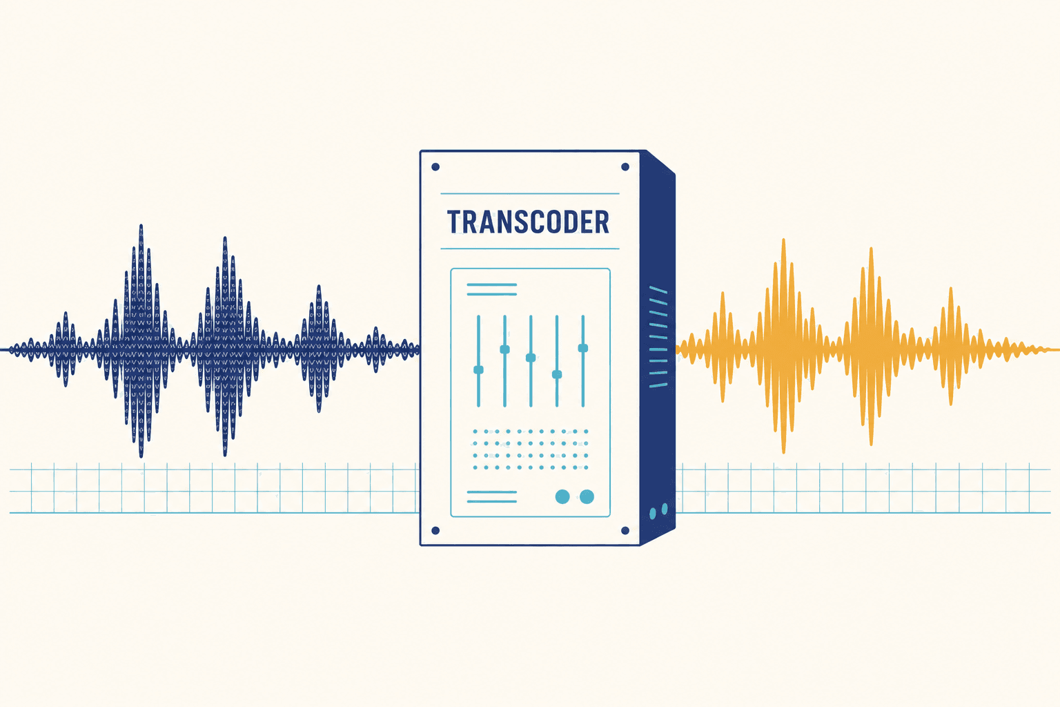 An audio waveform carrying a hidden watermark passes through a transcoder and emerges clean, its mark erased.