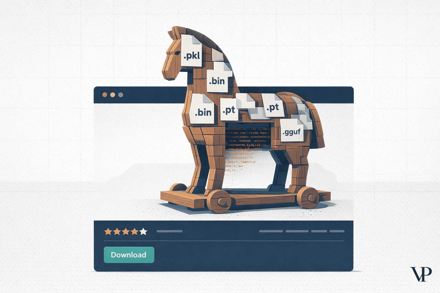 A striking editorial image showing a trojan horse constructed from AI model file icons and code snippets, sitting inside a software repository interface, conveying the core thesis that AI models are untrusted executable artifacts hiding in trusted spaces.