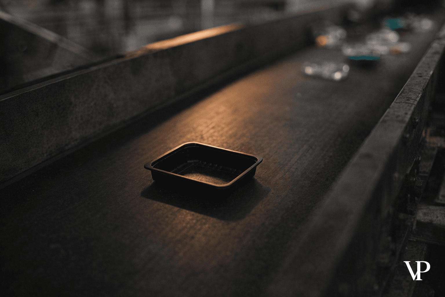 A black plastic food tray on an industrial conveyor belt, bathed in infrared light, representing the invisible recycling problem.