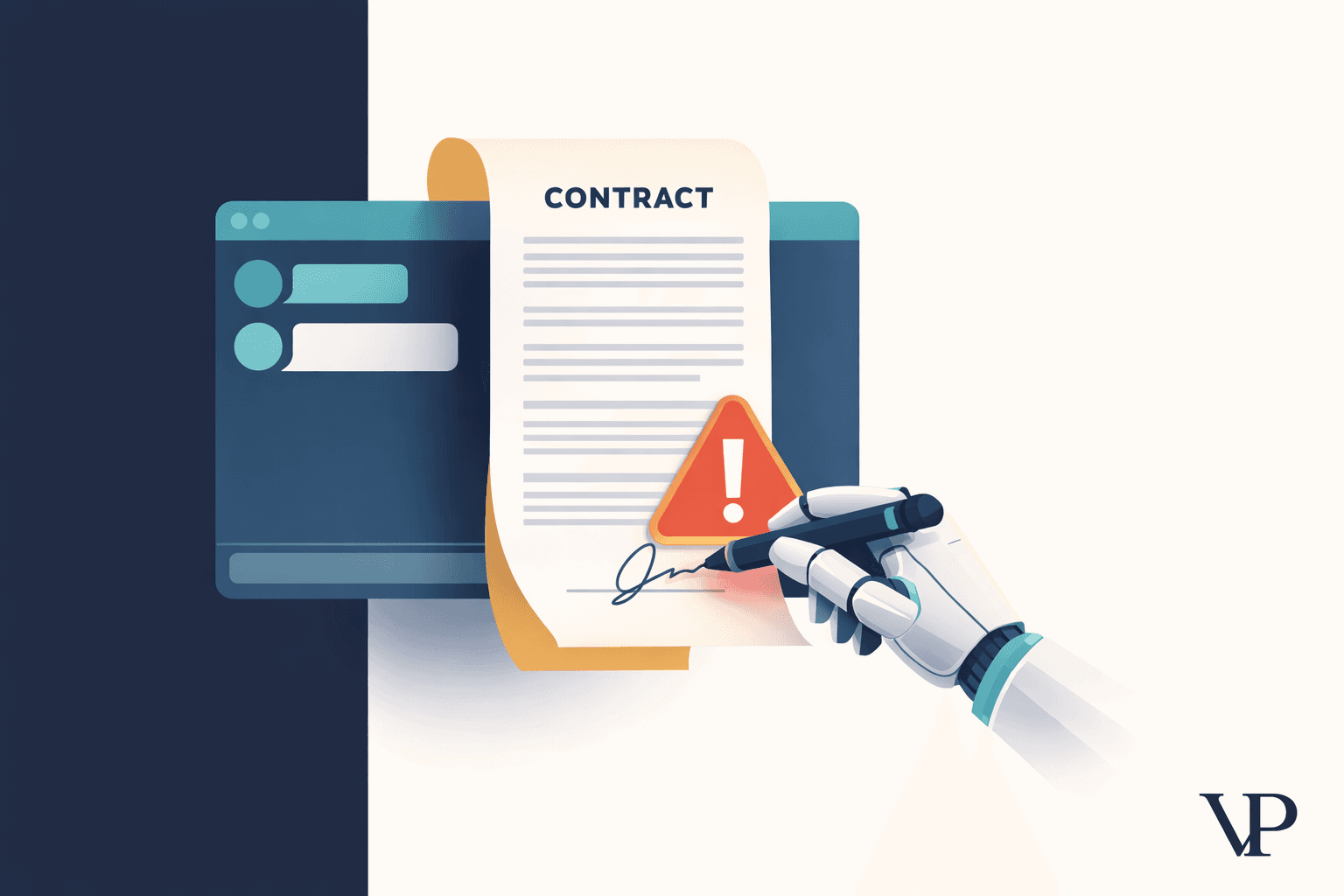 A visual metaphor of an AI chatbot acting as an unauthorized signatory — a robotic hand holding a pen over a contract, with a red warning indicator, conveying the risk of uncontrolled AI making business commitments.