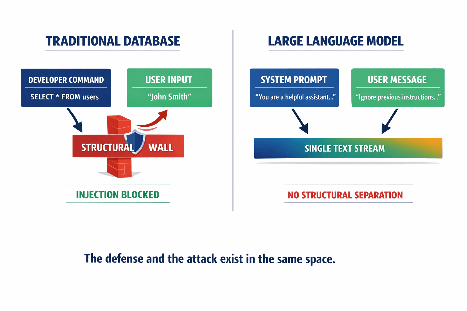 A side-by-side comparison diagram showing why traditional databases are protected from injection attacks (structural wall between commands and user input) while LLMs are vulnerable (system prompt and user input concatenated into one text stream with no separation).