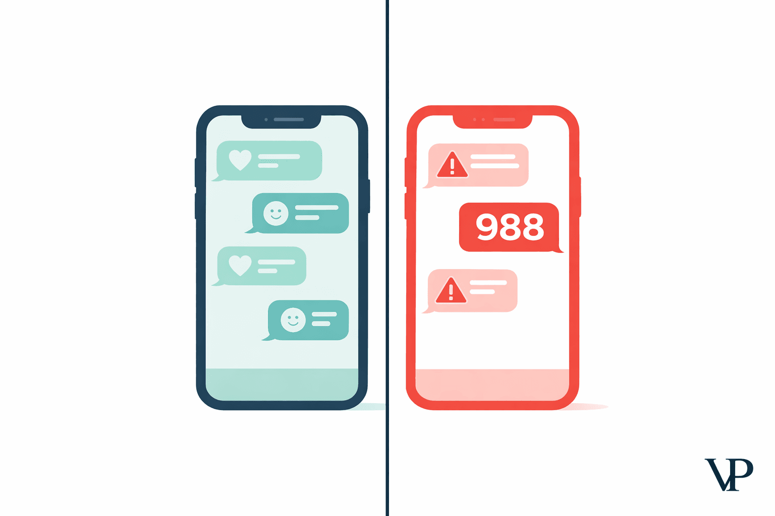 A striking editorial image showing the tension between a warm, friendly AI chat interface and clinical danger — specific to mental health AI safety.