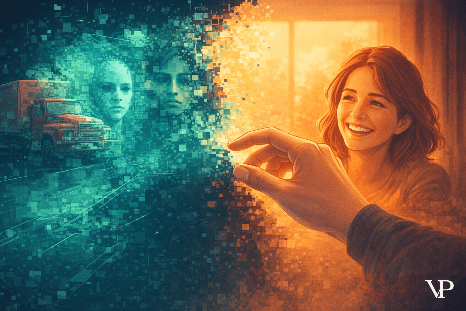 An editorial image showing a film director's hand physically guiding/sculpting a partially-rendered AI-generated scene, representing human intent governing machine output.