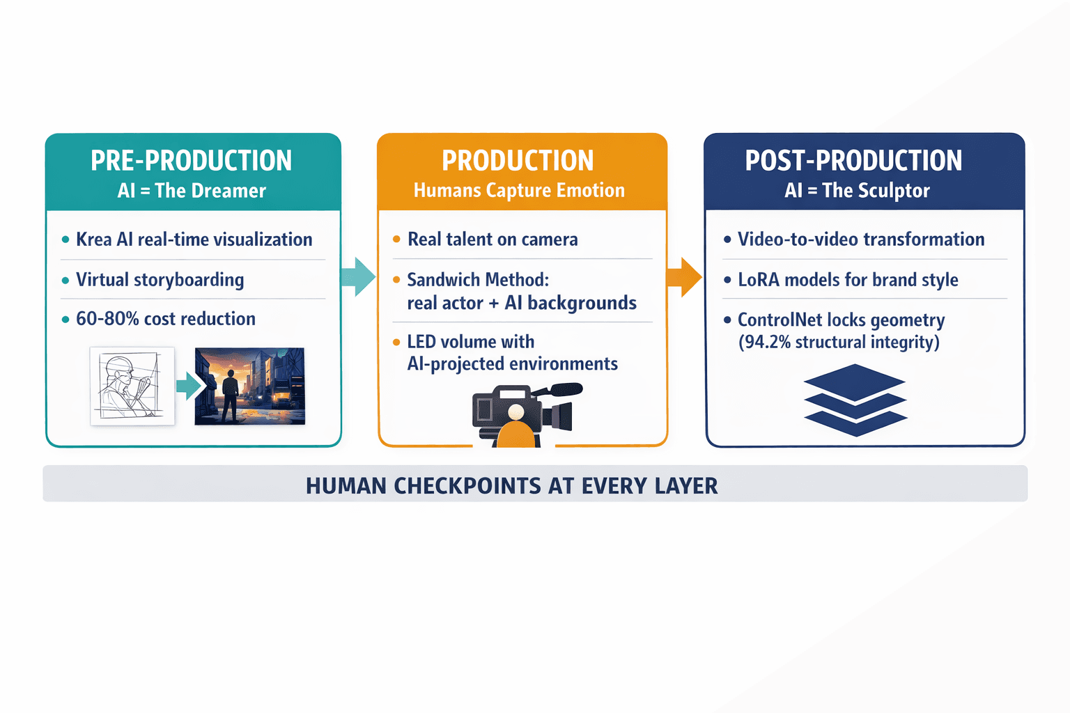 A three-phase pipeline diagram showing exactly how AI plays a different role in pre-production, production, and post-production, with the specific tools and techniques labeled at each stage.