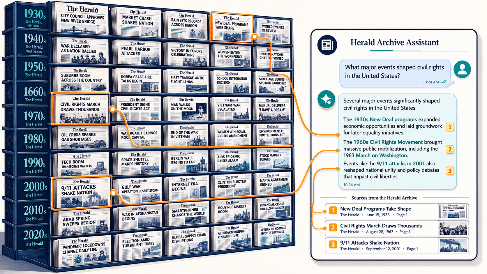 A wall of decades of newspaper front pages feeding a chat panel that answers with cited links.