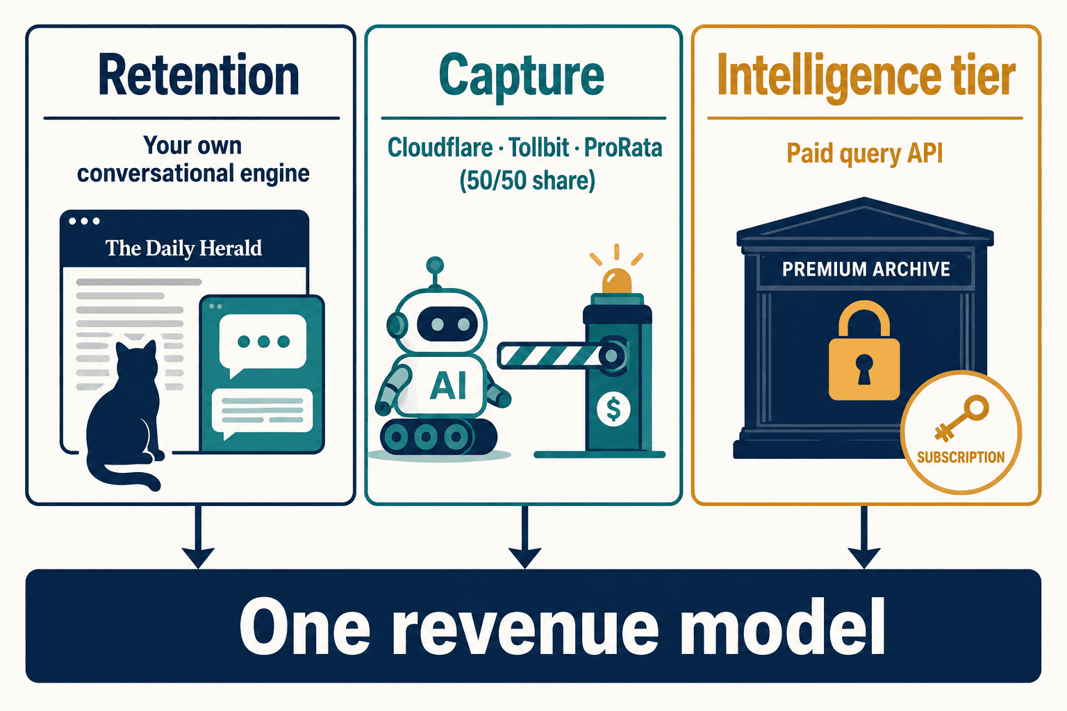 Three publisher revenue plays — retention engine, crawl capture, paid intelligence tier — feeding one revenue model.
