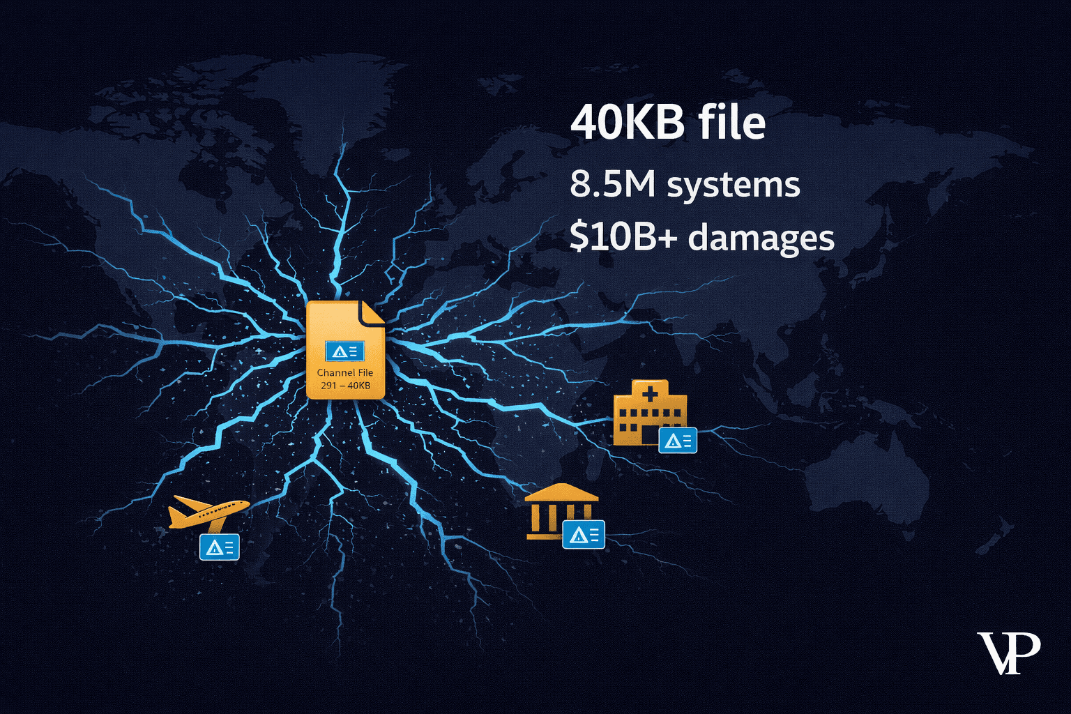A dramatic editorial visualization of a single tiny file causing a massive cascade of system failures across global infrastructure, specific to the CrowdStrike/BSOD event.