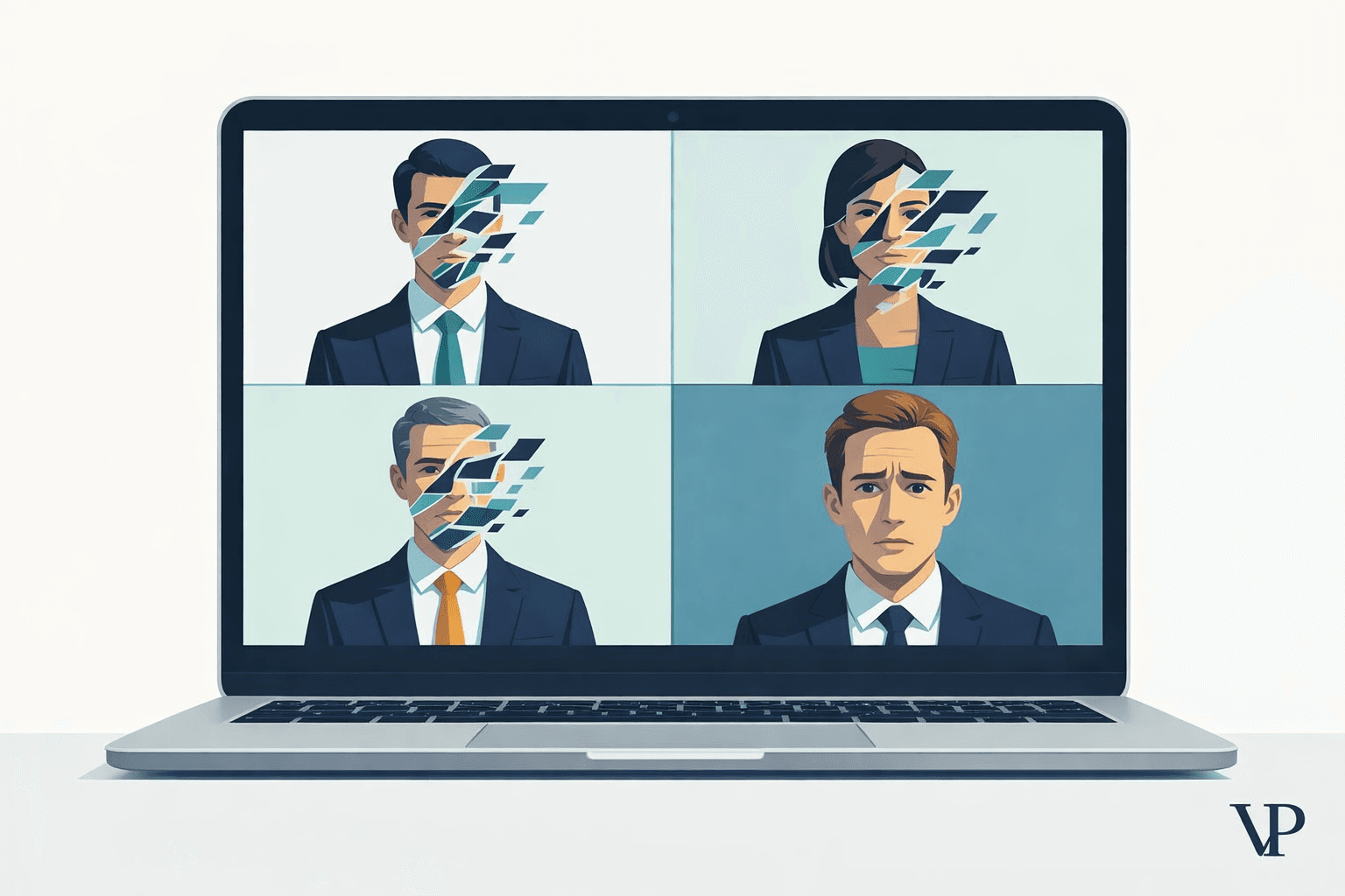 A striking editorial image showing a video conference grid where most participant faces are subtly glitching or dissolving into digital artifacts, while one real human face looks on — conveying the core premise of the Arup attack where one real person sat among synthetic identities.