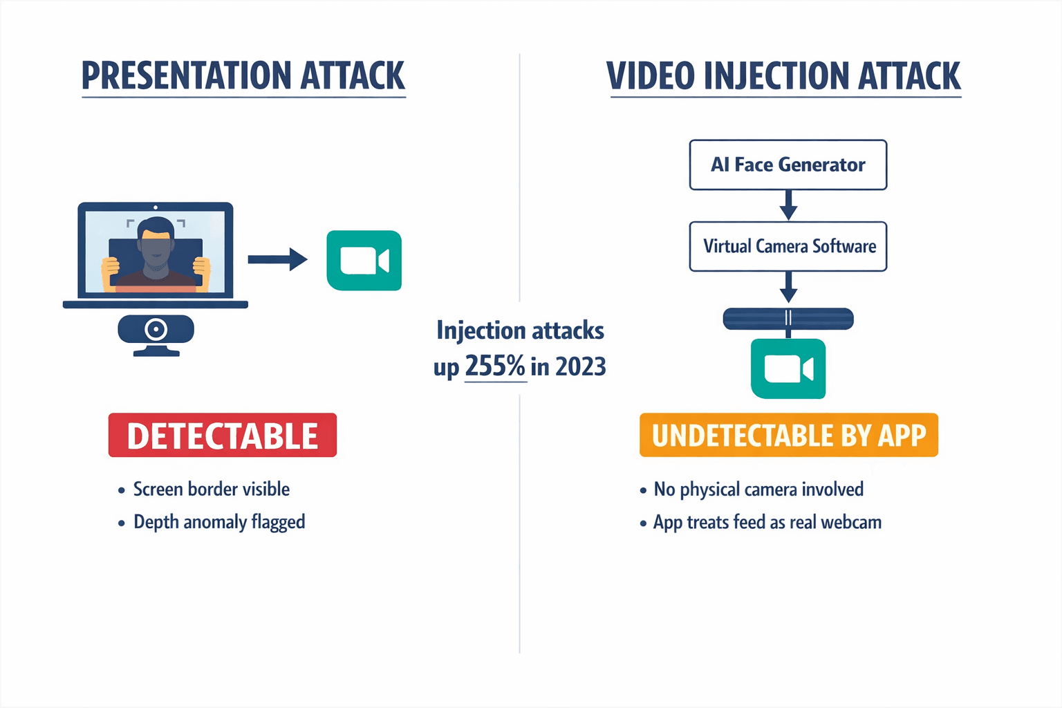A diagram explaining the video injection attack pipeline — how synthetic video bypasses detection by feeding directly into conferencing software's data stream, contrasted with a simpler presentation attack.