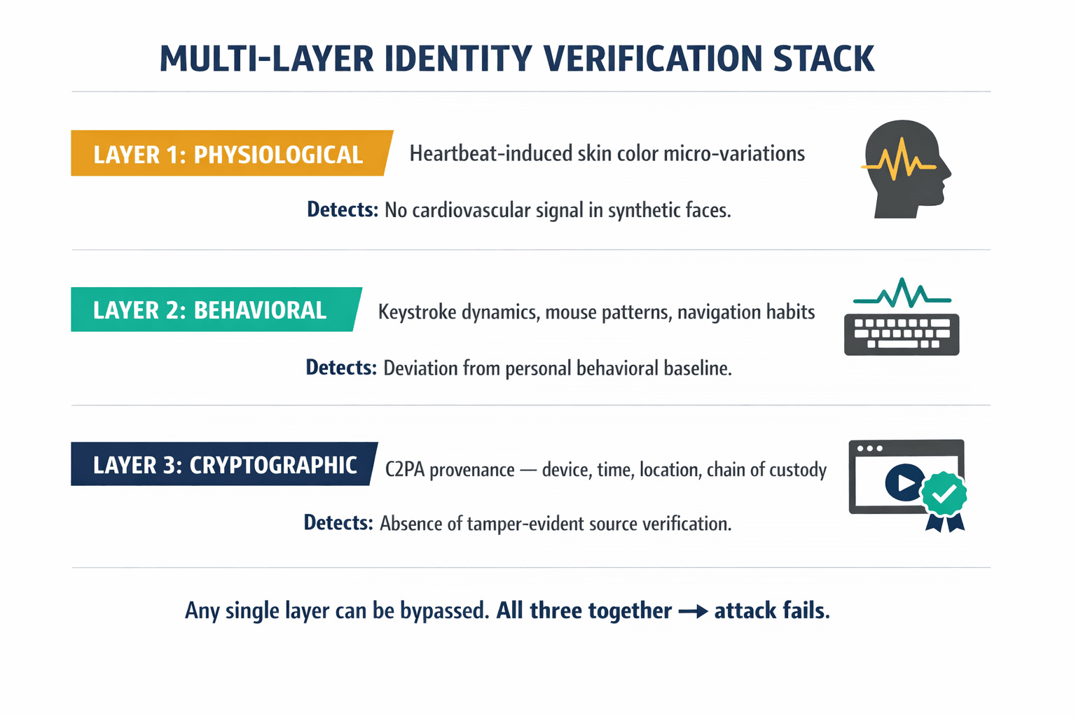A defense stack diagram showing the three complementary detection/verification layers — physiological detection (heartbeat analysis), behavioral biometrics (keystroke/mouse patterns), and cryptographic provenance (C2PA) — and how they work together as a multi-layered identity verification system.