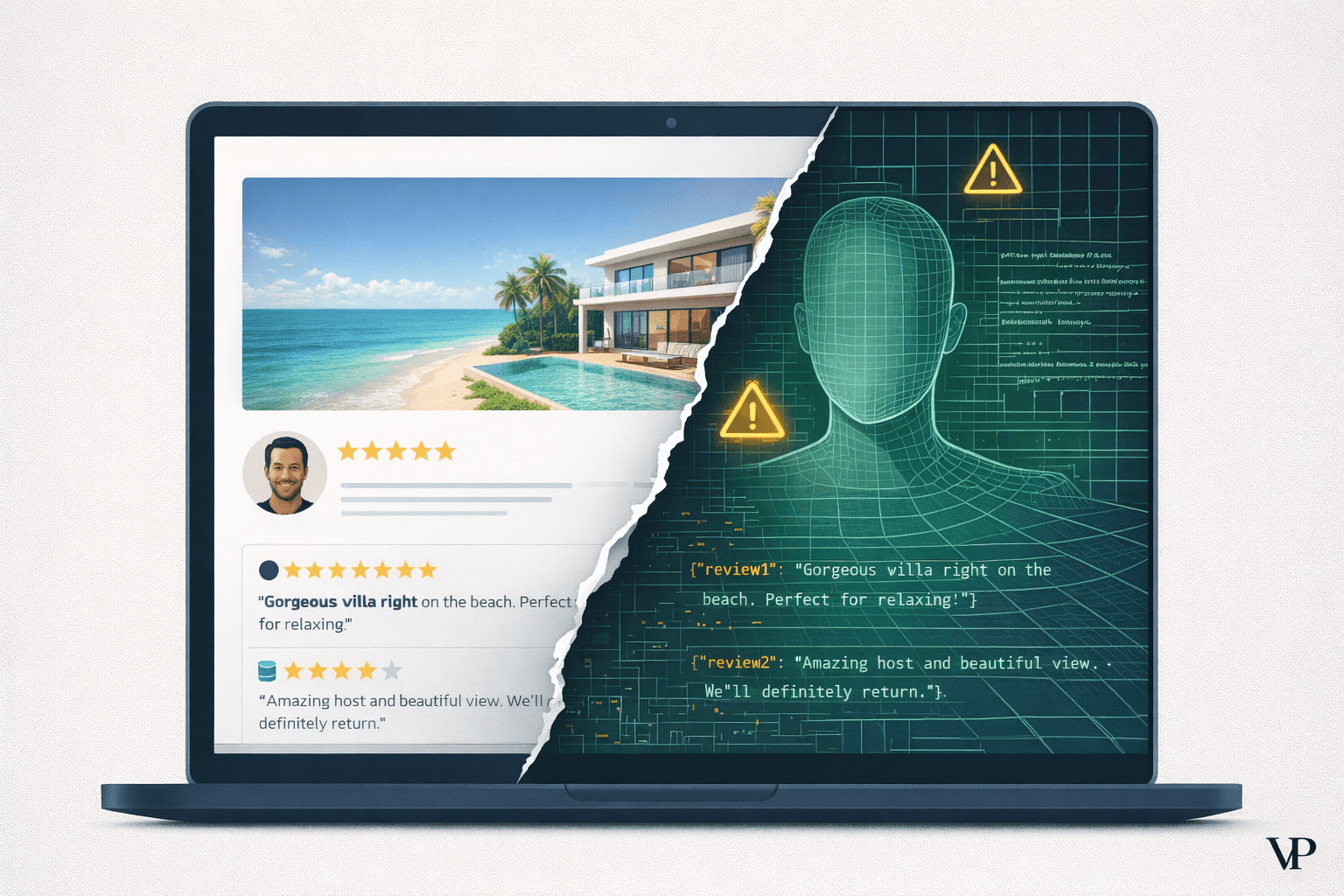 A striking editorial image conveying the collapse of digital trust — a photorealistic hotel listing screen fragmenting to reveal synthetic, AI-fabricated layers underneath.