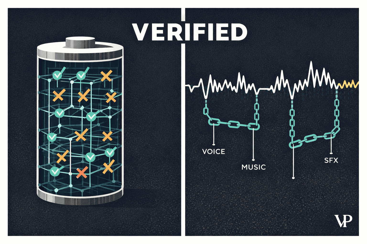 A striking visual contrasting AI-generated plausibility against physical/legal truth, anchored in the article's two domains: battery chemistry and audio provenance.