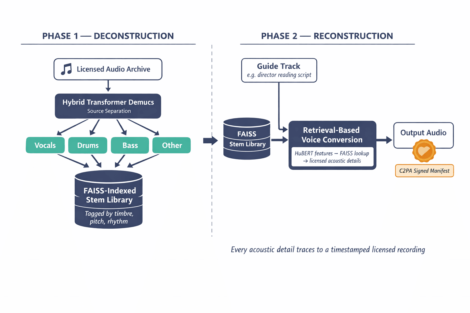 A two-phase pipeline diagram showing the audio deconstruction (source separation into stems) and reconstruction (retrieval-based voice conversion with provenance signing) architecture, making the retrieval-vs-generation distinction visually clear.