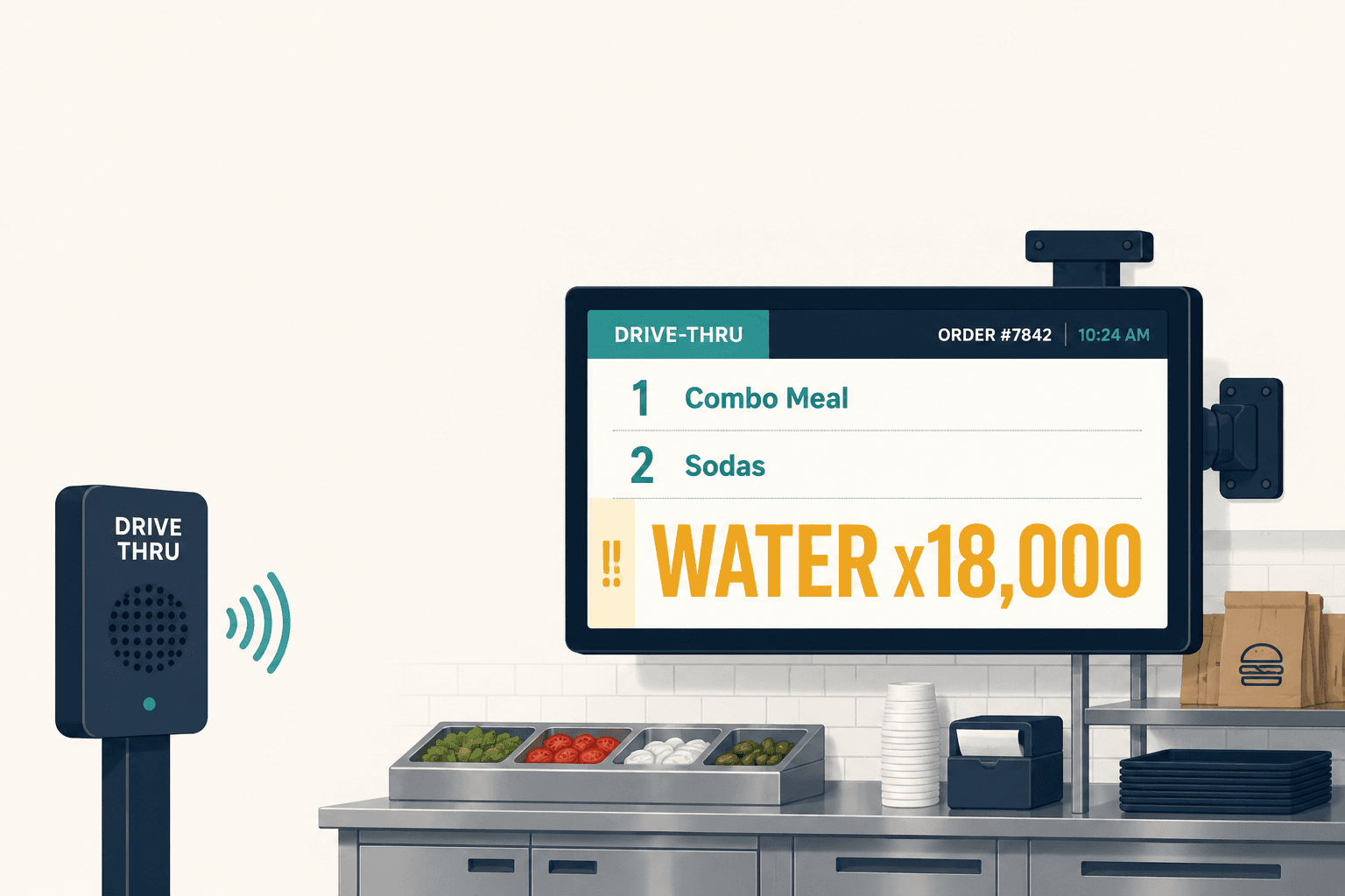 Kitchen display screen showing an order ticket with "WATER x18,000" highlighted beside a drive-thru speaker post.