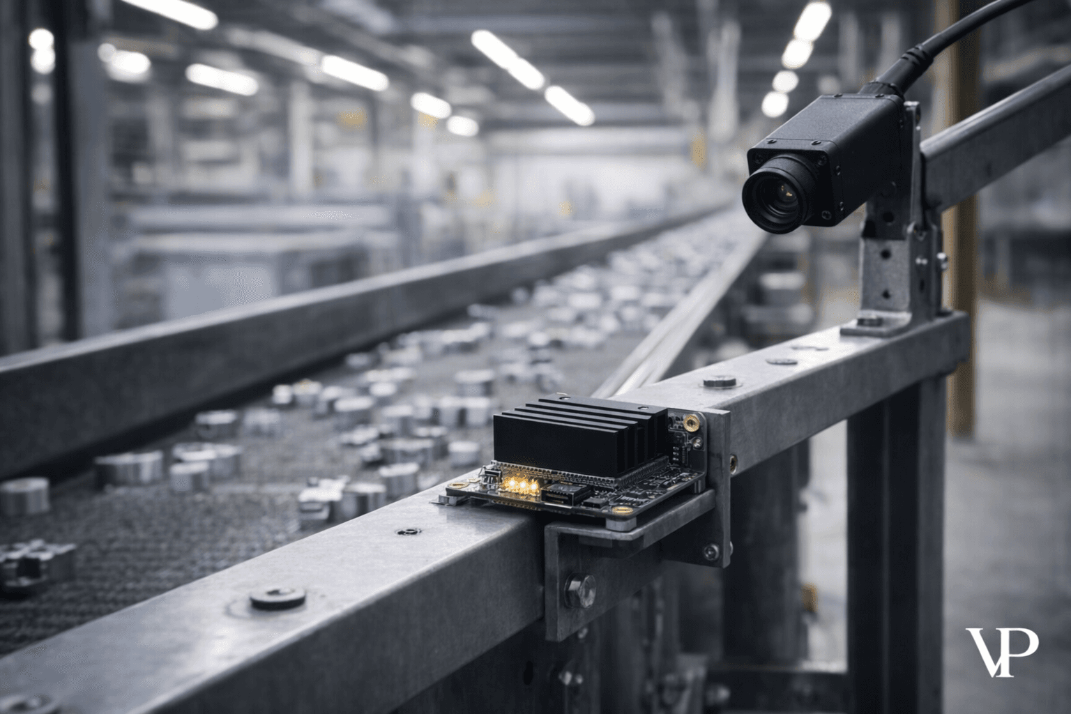 A close-up editorial shot of a small NVIDIA Jetson compute module physically mounted on industrial conveyor framing, with a camera pointed at parts moving on the belt — specific to the article's core premise of compute living at the point of action.