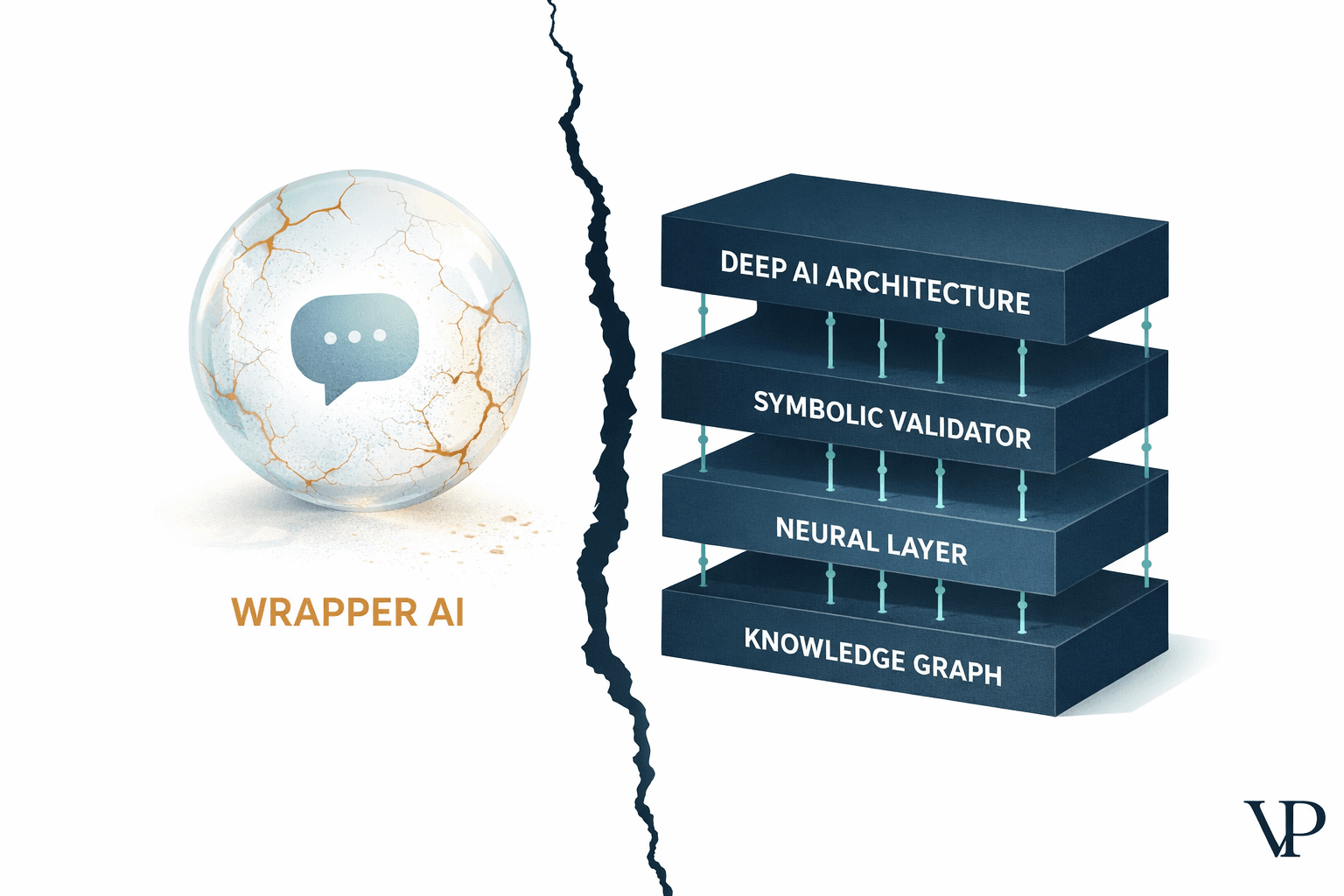 A visual metaphor contrasting a thin, fragile wrapper shell cracking open to reveal a robust, layered engineering architecture underneath — specific to enterprise AI systems.