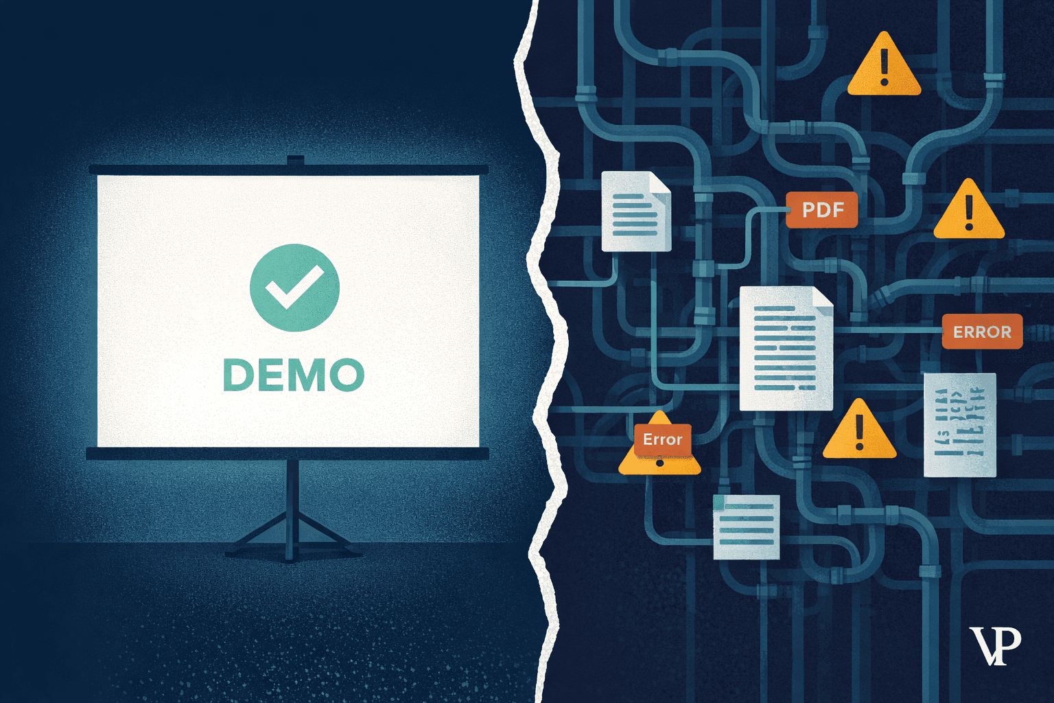 A striking visual representing the divide between AI that dazzles in demos and AI that survives production — the central tension of the article.