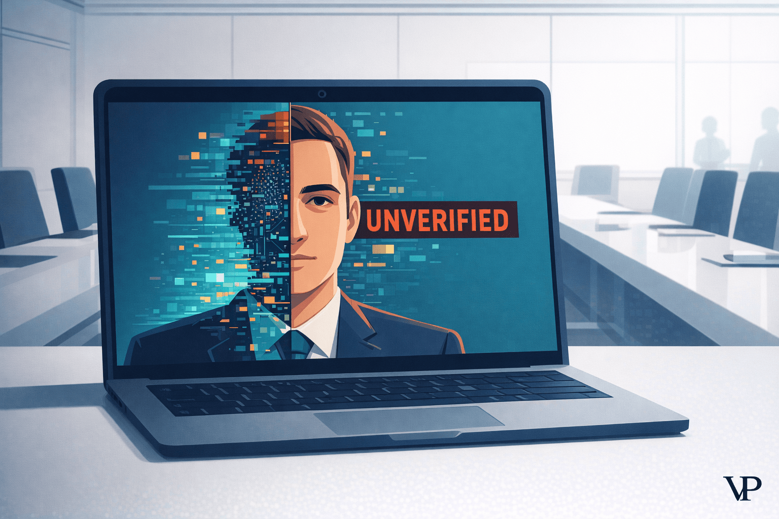 A striking editorial image representing the collision of synthetic AI-generated identity and enterprise security — a digital face fragmenting to reveal cryptographic verification underneath.