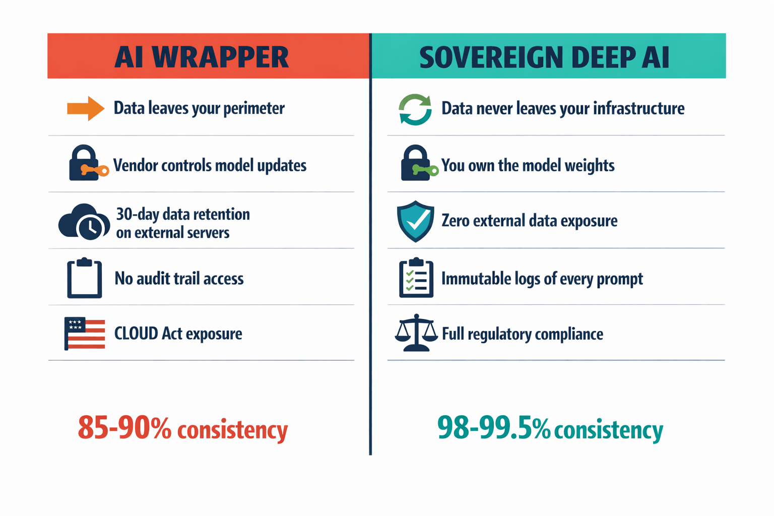 Side-by-side architectural comparison showing the fundamental differences between the "AI Wrapper" approach (data leaves, no control, black box) and the "Sovereign Deep AI" approach (data stays, full ownership, transparent).