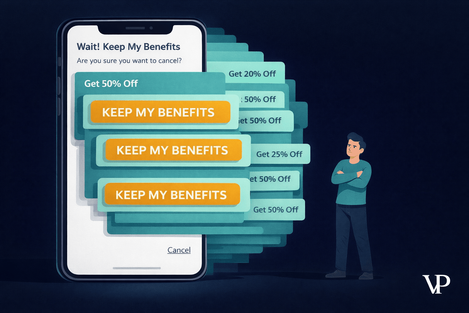 A striking editorial image conveying the tension between a trapped user and a subscription cancellation interface, specific to the article's domain of manipulative subscription design.