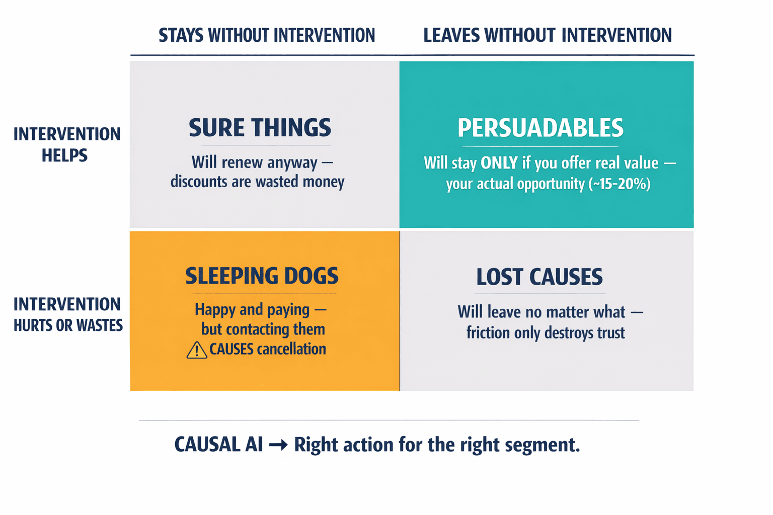 A 2x2 matrix diagram showing the four causal customer segments (Persuadables, Sure Things, Lost Causes, Sleeping Dogs) mapped by intervention outcome, making the counterintuitive Sleeping Dogs insight visually immediate.
