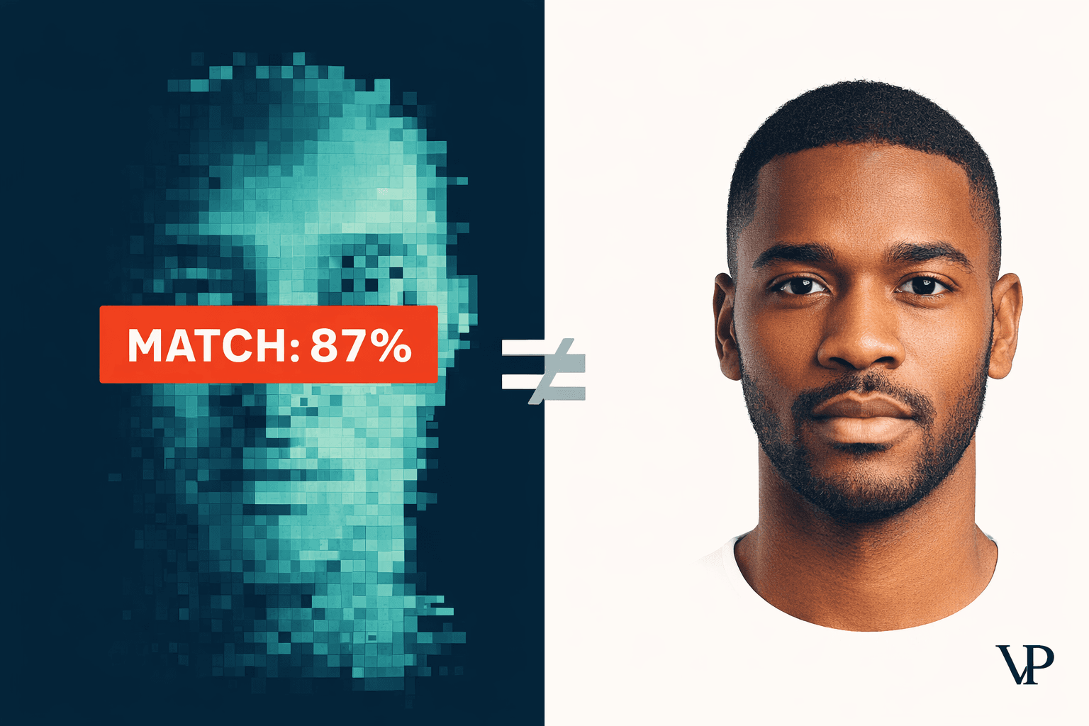 An editorial image specific to the article's domain — the collision of facial recognition technology with wrongful identification, grounded in the retail surveillance context.