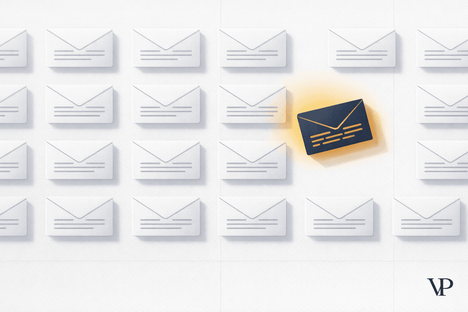 A striking editorial visual showing the contrast between mass-produced identical emails and one distinctive, human-sounding message that stands out.
