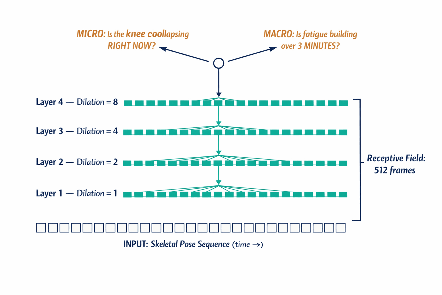 Diagram showing how dilated causal convolutions exponentially expand the receptive field across layers, allowing the TCN to see both immediate frames and long-term context simultaneously.