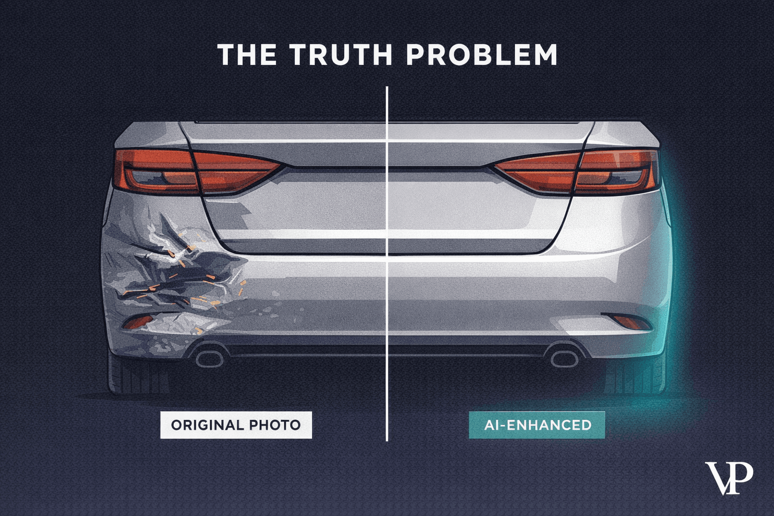 A conceptual split showing the core tension of the article — a real damaged car photo vs. an AI-"enhanced" pristine version, representing the truth problem in insurance AI.