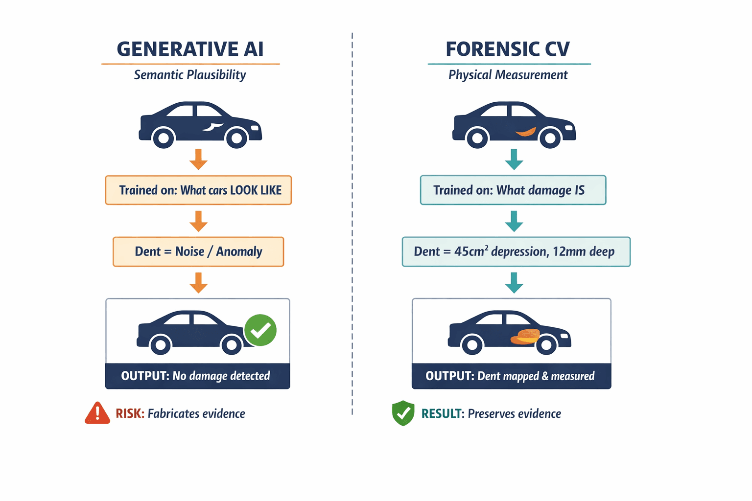 A comparison diagram showing how generative AI (semantic plausibility) vs. forensic computer vision (physical measurement) process the same damaged car photo, explaining why generative models fail at damage assessment.