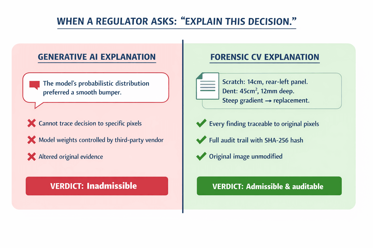 A side-by-side comparison of what a generative AI system vs. a forensic AI system can produce when a regulator or court demands an explanation for a claim decision.