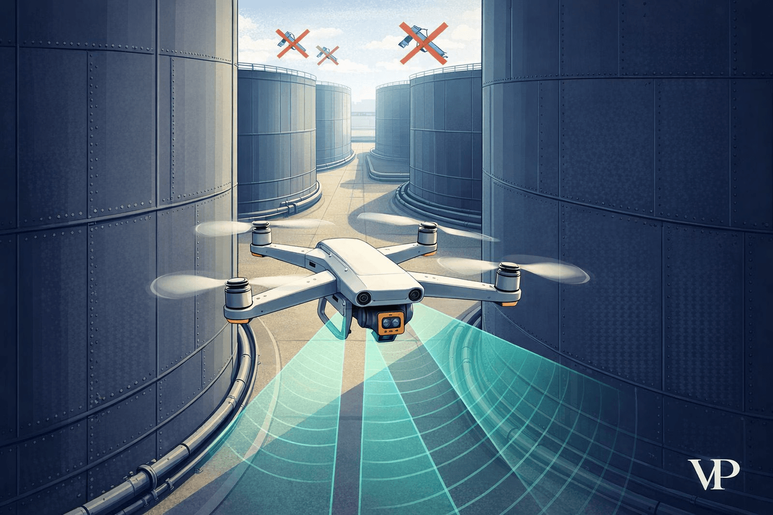 A drone navigating autonomously through a GPS-denied environment, emphasizing onboard perception over satellite dependency.