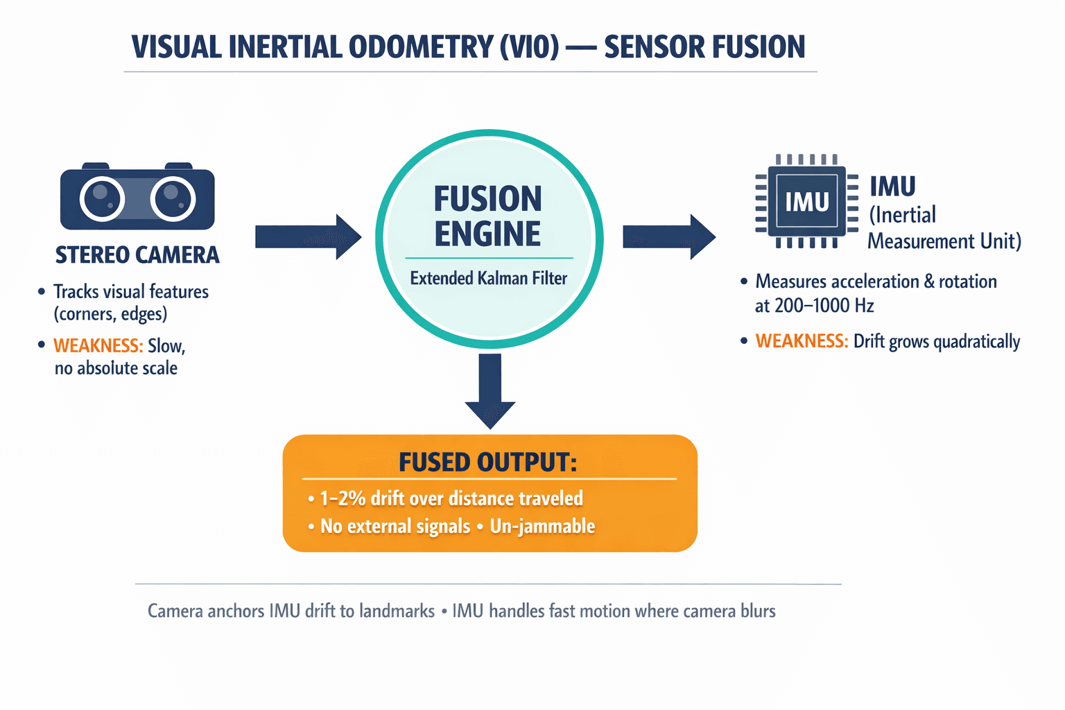 A labeled diagram showing how Visual Inertial Odometry (VIO) fuses camera and IMU data, illustrating each sensor's weakness and how fusion cancels them.