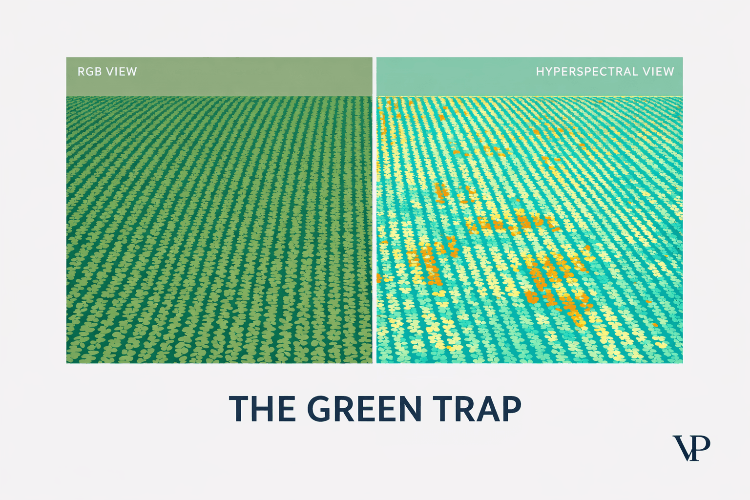 A conceptual split showing the difference between what RGB sees (green field) and what hyperspectral analysis reveals (hidden stress patterns), specific to the article's core thesis.