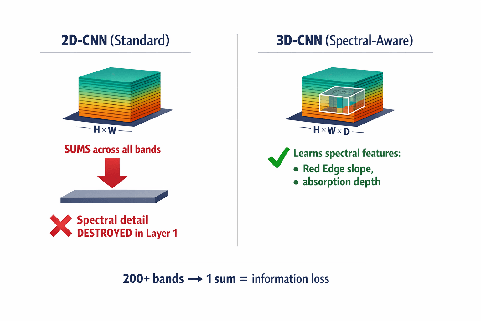 A side-by-side comparison diagram showing how a 2D-CNN crushes spectral information vs. how a 3D-CNN preserves it, illustrating the core architectural failure the article describes.