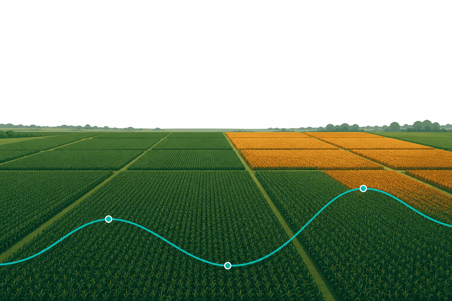 Aerial corn field with one quadrant glowing amber and a thin teal spectral curve threading beneath it