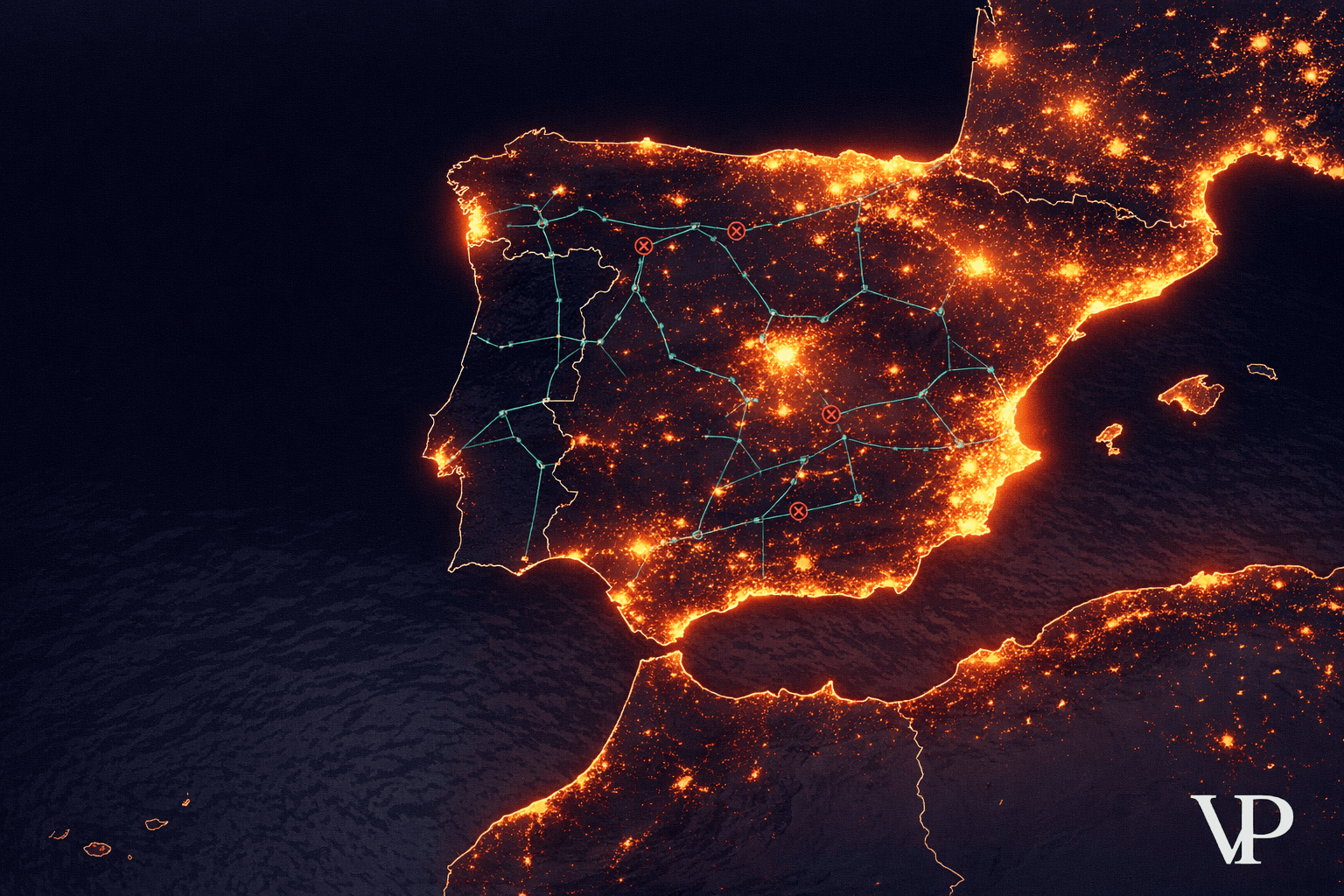A striking visual of the Iberian Peninsula power grid going dark, grounding the article in its central real-world event.