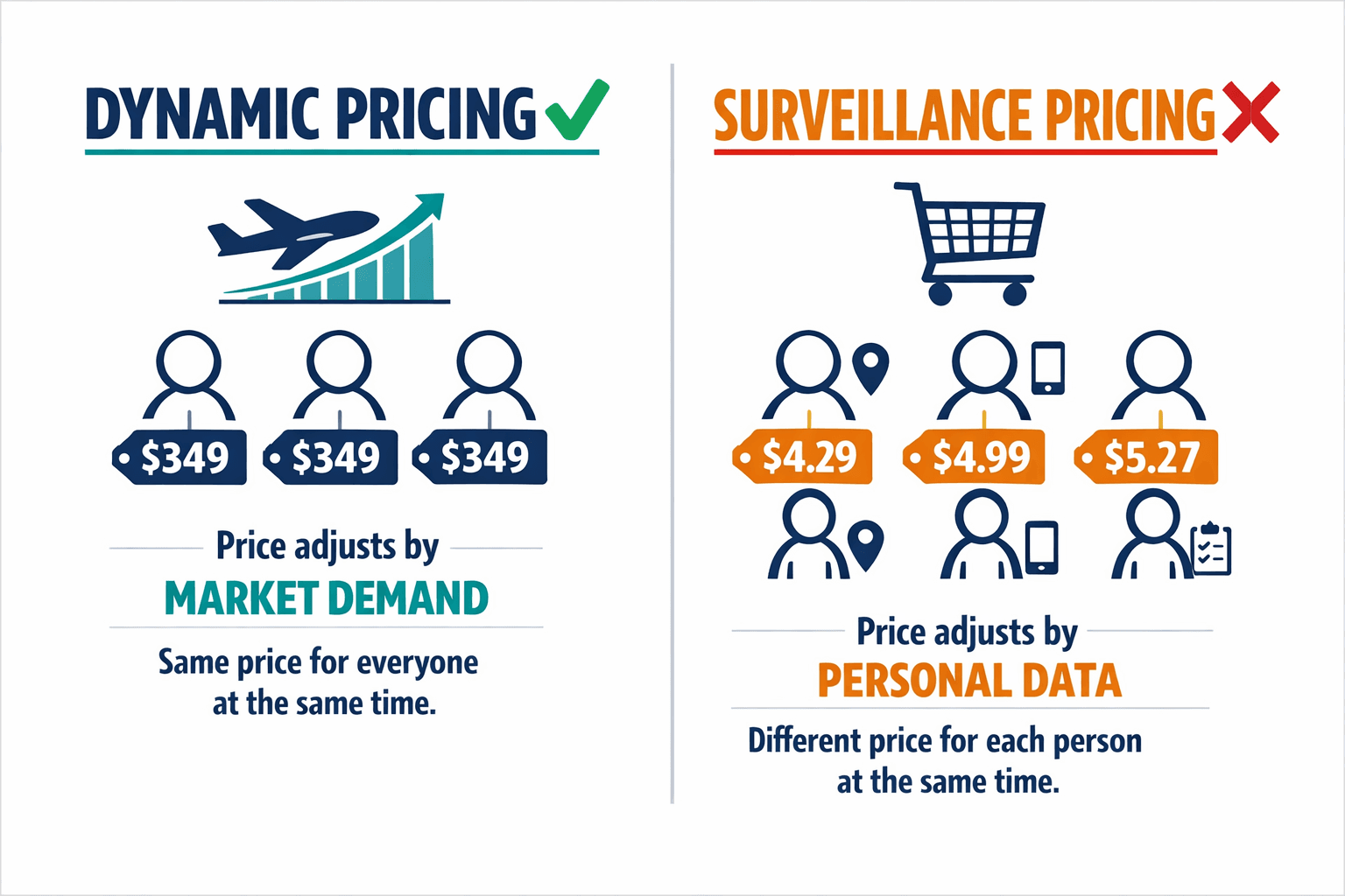A side-by-side comparison diagram showing the fundamental difference between traditional dynamic pricing (aggregate supply/demand, same price for everyone) versus surveillance pricing (personal data-driven, different prices per person) — the key distinction the article argues most people conflate.