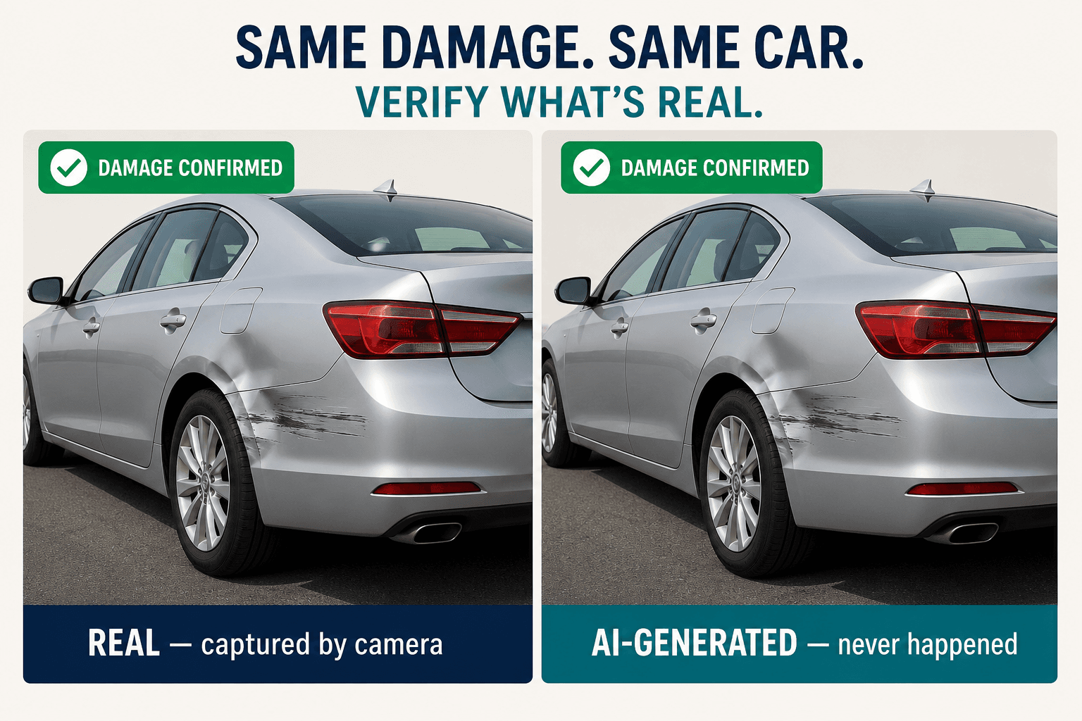 Two identical silver sedans with the same dent — one labeled real, one AI-generated — both marked damage confirmed.