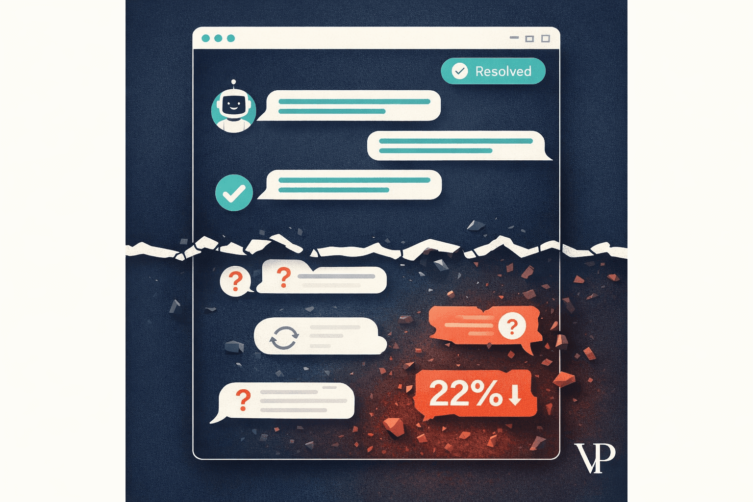 A visual metaphor contrasting a polished AI chatbot surface with a crumbling foundation underneath, specific to the fintech/customer service domain.