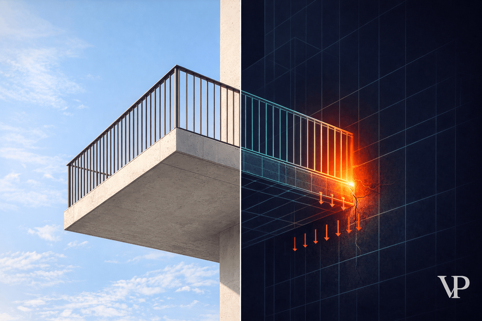 A cantilevered balcony shown simultaneously as a photorealistic rendering (left half) and as a structural force diagram revealing hidden failure (right half), capturing the article's core tension between appearance and physics.