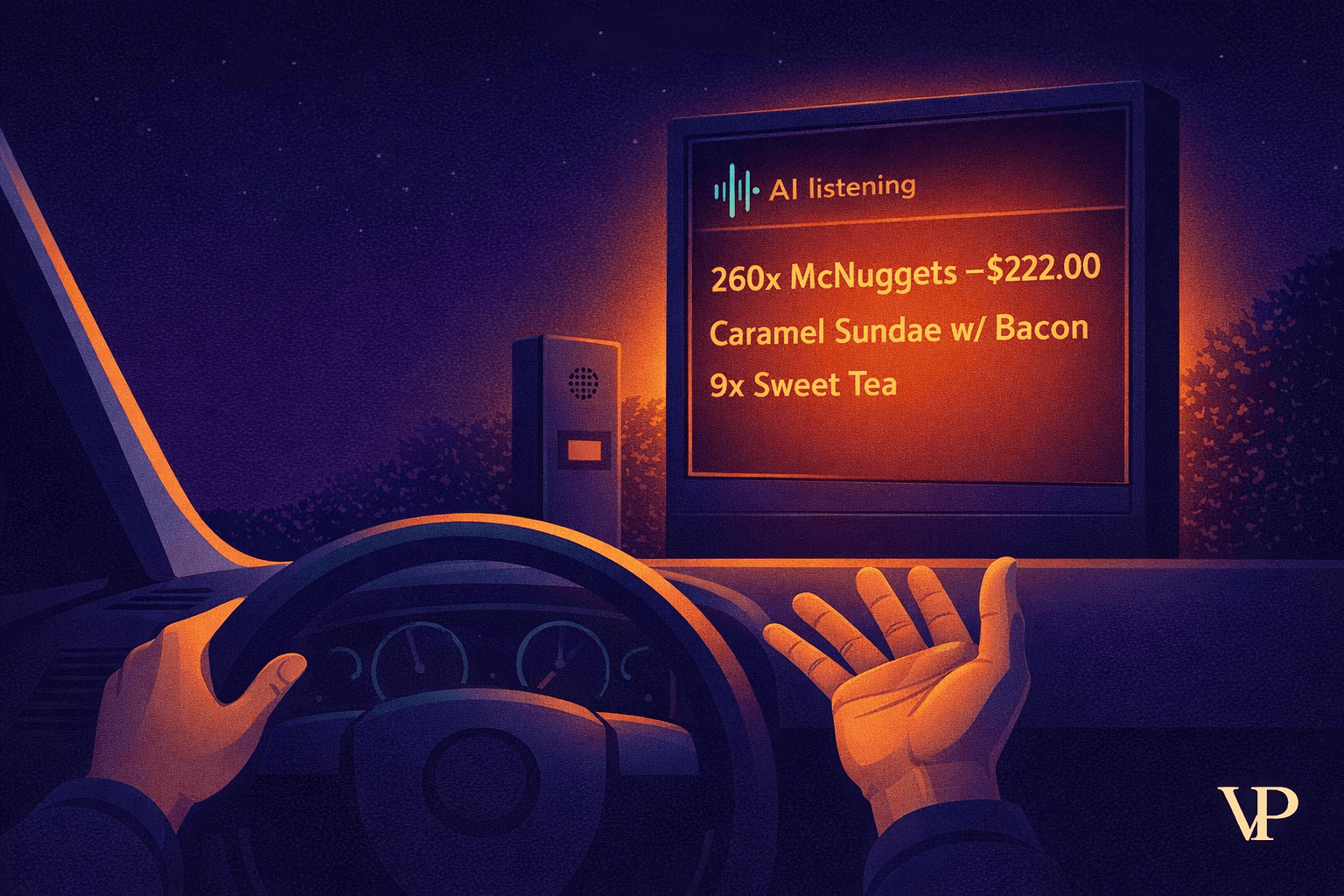 A stylized drive-thru speaker box scene that visually captures the article's central tension — AI confidently getting a fast food order catastrophically wrong.