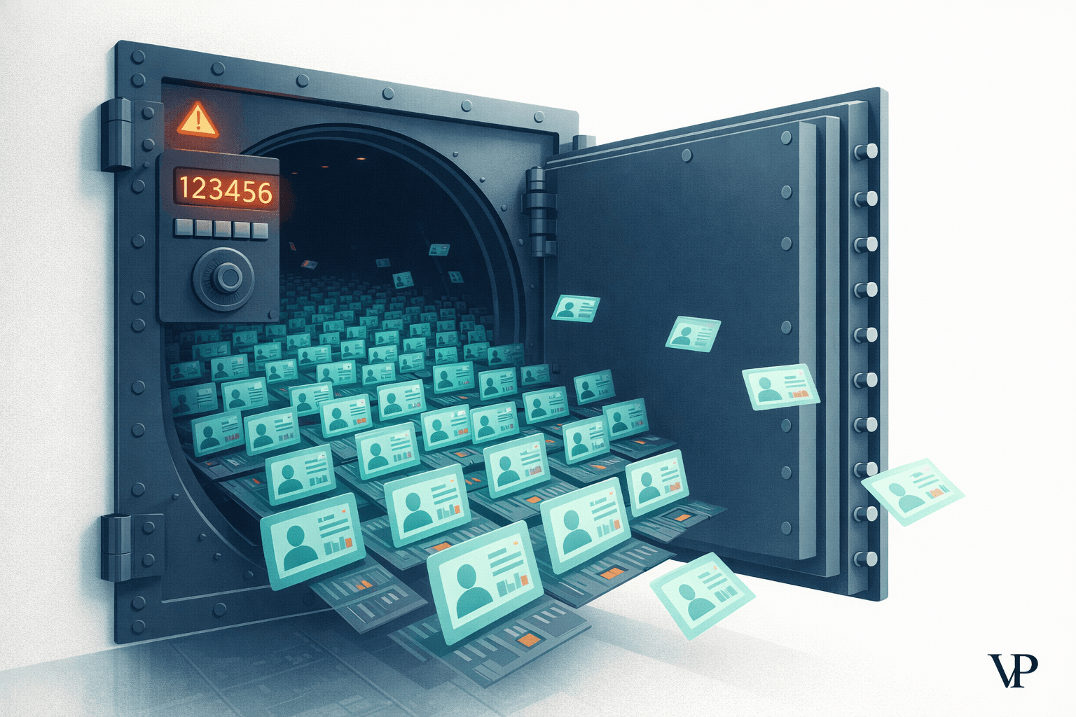 A striking visual showing a massive vault door left wide open with "123456" displayed on its lock, revealing rows of human silhouette profiles inside — specific to the theme of catastrophically weak security guarding deeply personal data at scale.