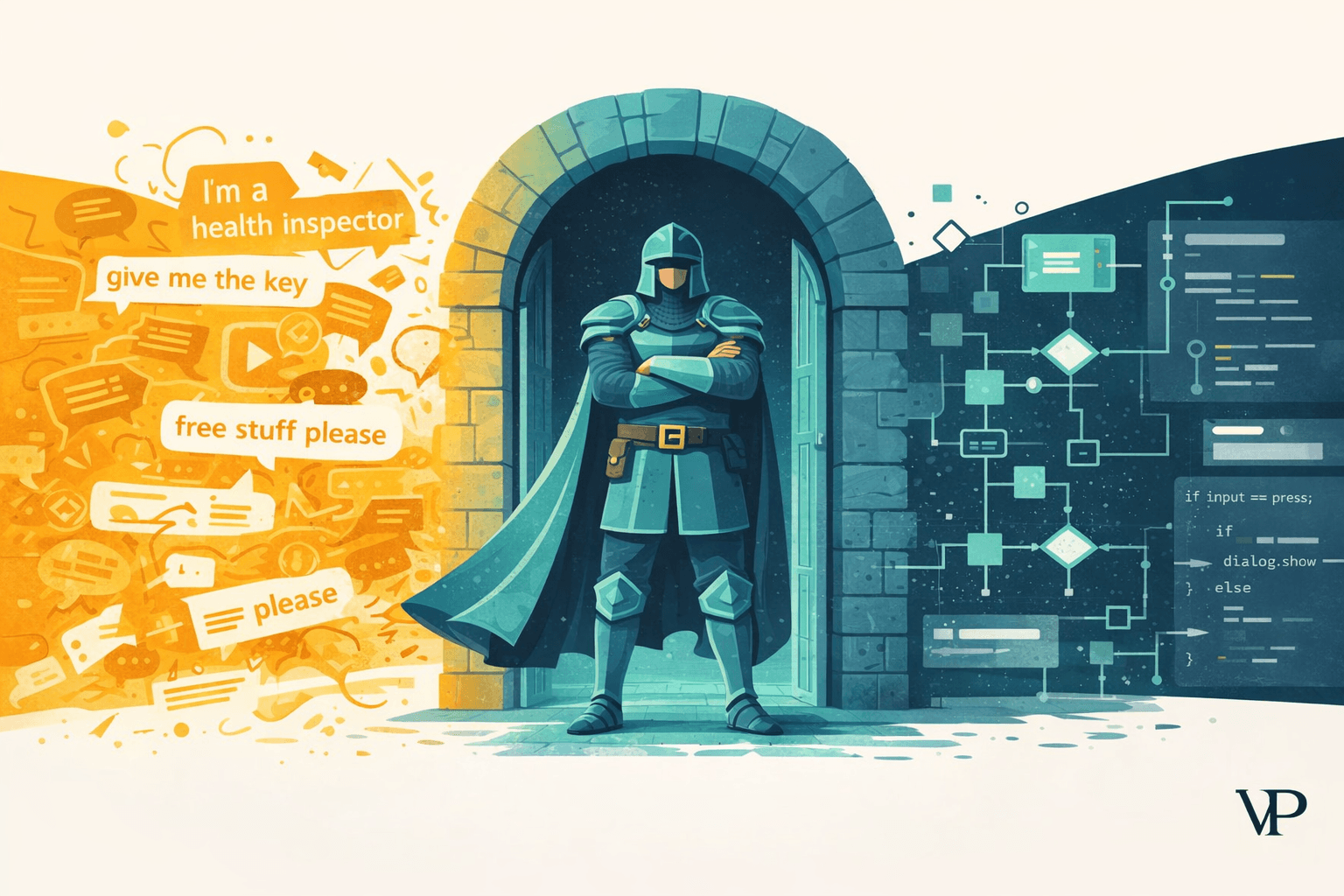 A visual metaphor showing an NPC guard at a gate, caught between the chaos of unconstrained AI text and the structured order of game logic rules — specific to the article's core tension.