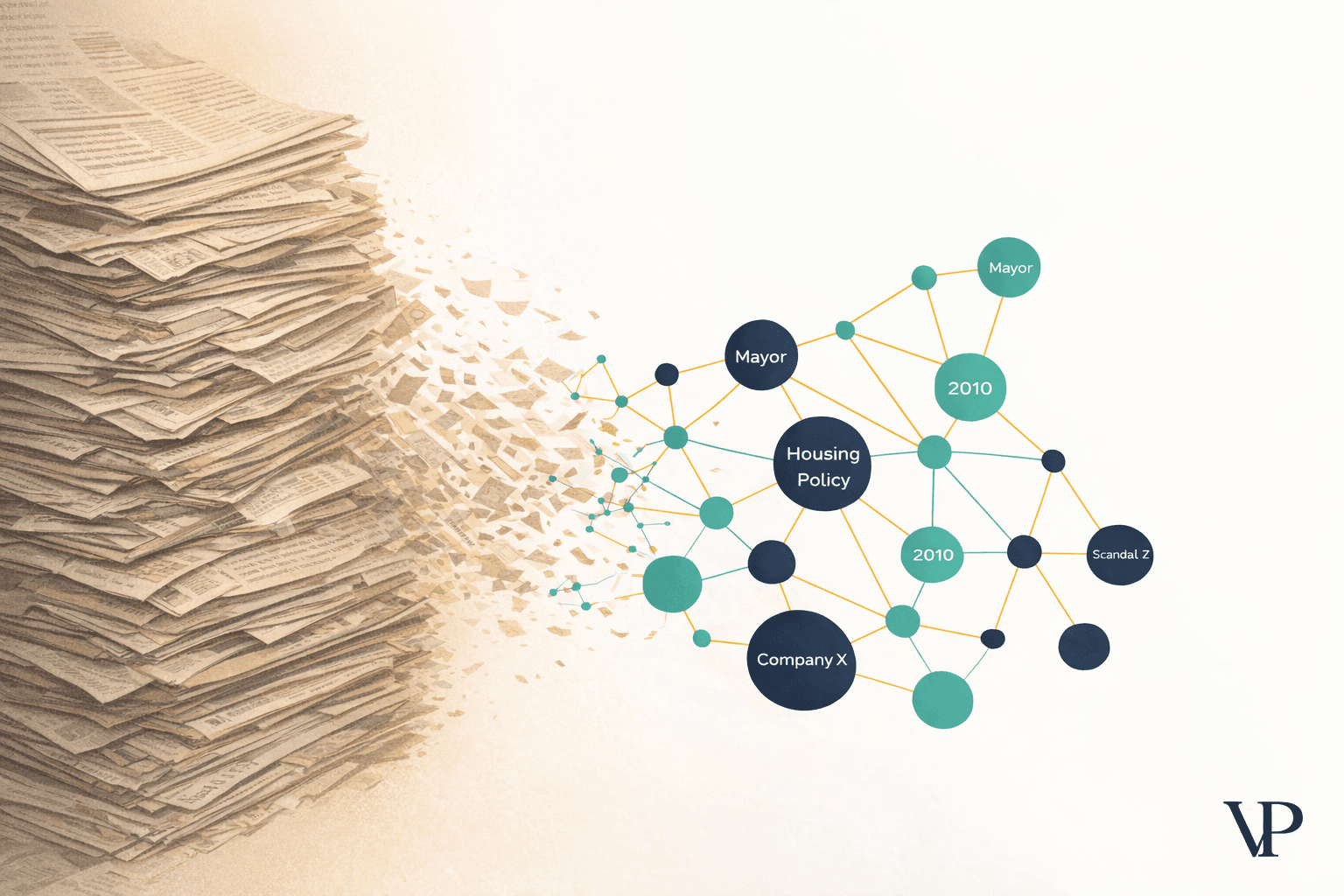 A striking visual of a newspaper archive transforming into a glowing, structured knowledge graph — representing the article's core thesis of converting static journalism into conversational intelligence.