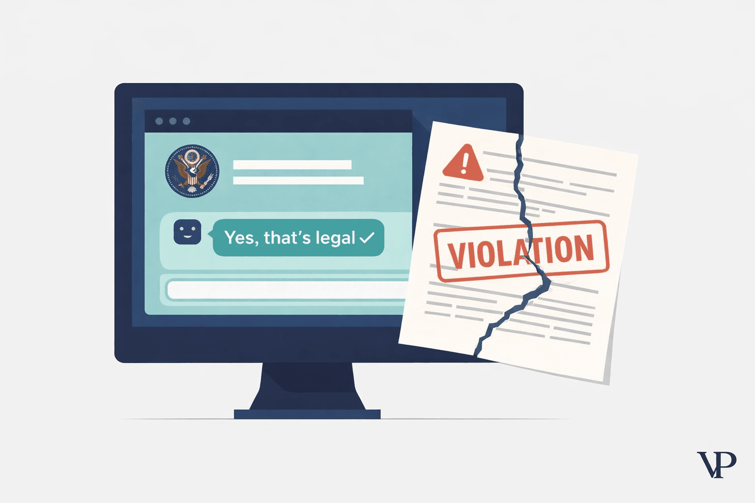 A conceptual image of a government chatbot interface displaying confidently wrong legal advice, with a .gov badge prominently visible, conveying the tension between official authority and AI unreliability.