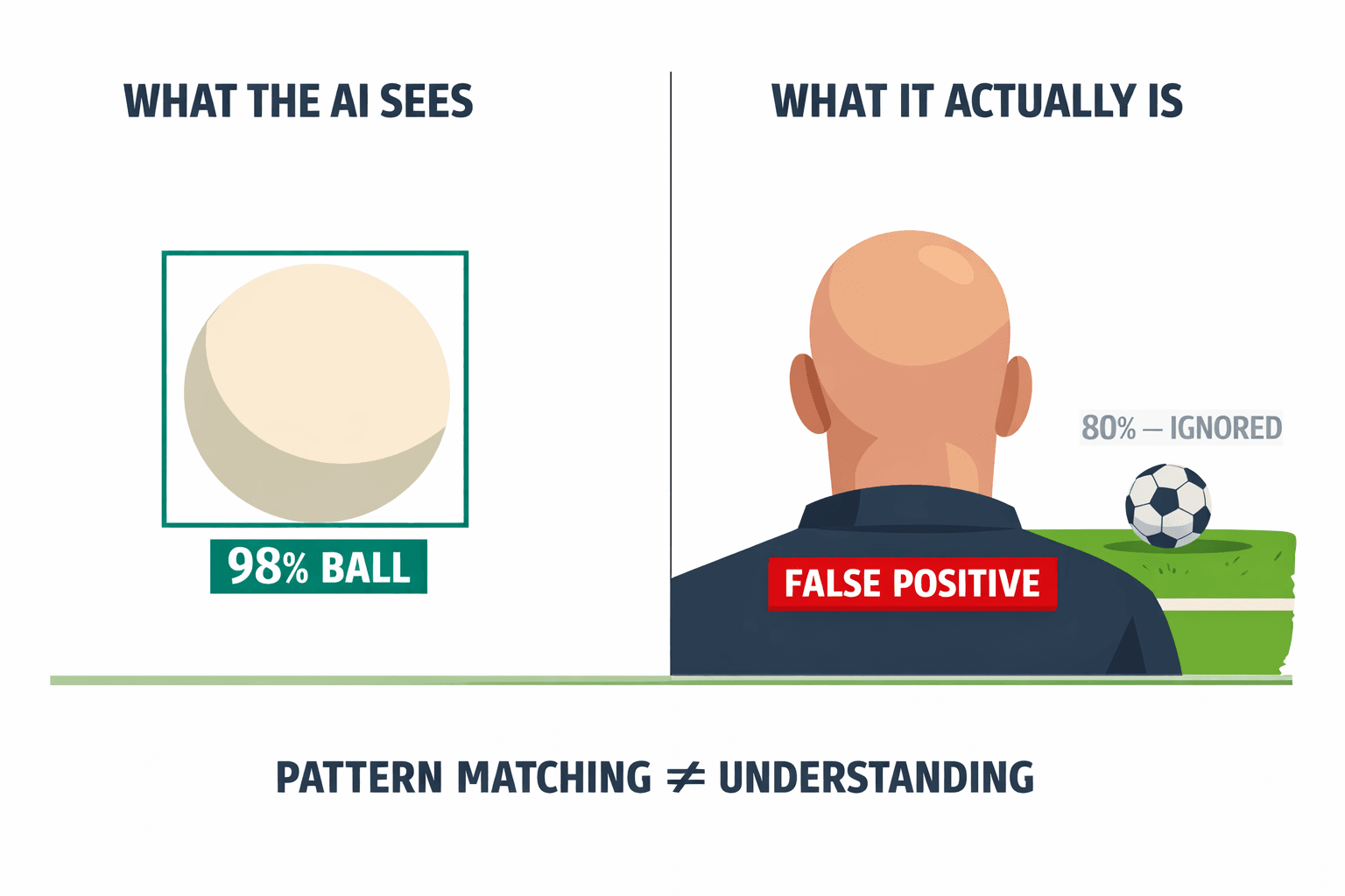 Editorial cover showing the iconic bald-head-vs-soccer-ball misidentification — a split comparison of what an AI camera sees versus physical reality, capturing the article's central metaphor.